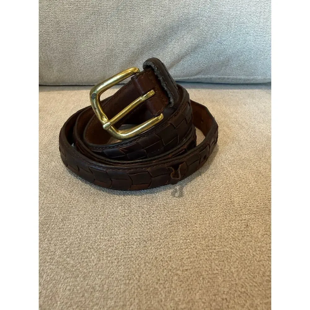VTG Genuine Leather Belt Men Brown Woven‎ Braided Solid Brass Buckle Size 38